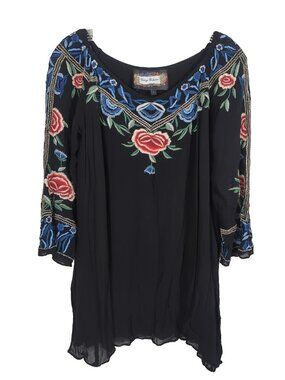 Vintage Collection Tunic Womens Large Black Floral Embroidered Boho Top